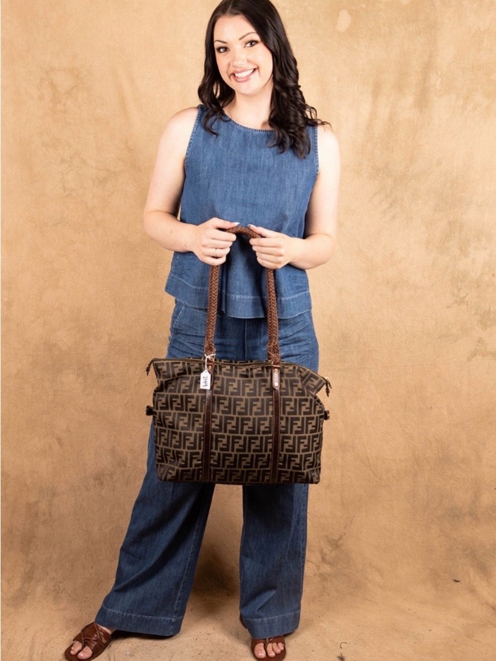 Fendi Brown FF Monogram Tote with Braided Leather Handles